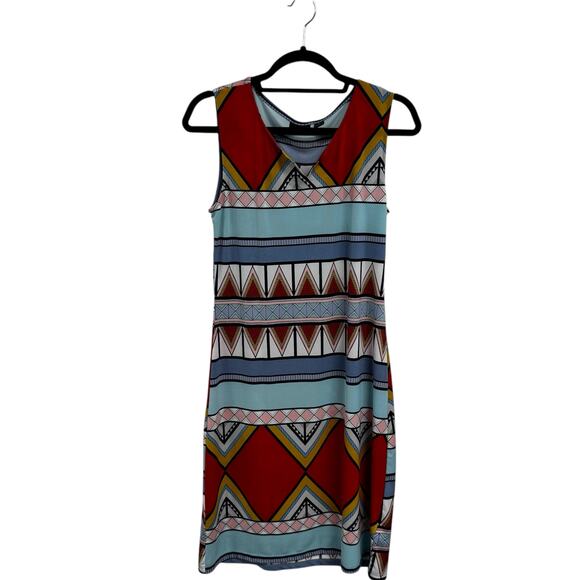 Tribal Vibrant Blue Red Aztec Sleeveless V Neck Mini Shift Dress Womens Medium - Picture 1 of 5